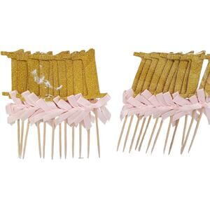 Baby Girl First Birthday Decorations Glitter Gold With Pink Bow Cupcake Toppers